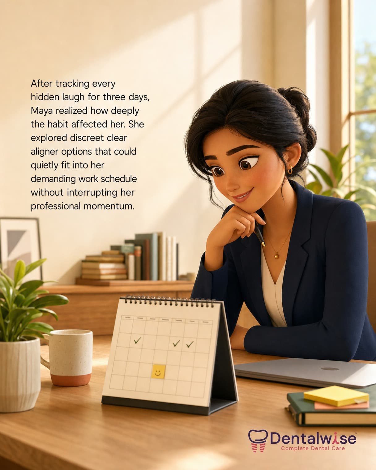 Turning point slide: after tracking every hidden laugh for three days, Maya looks into discreet clear aligners.