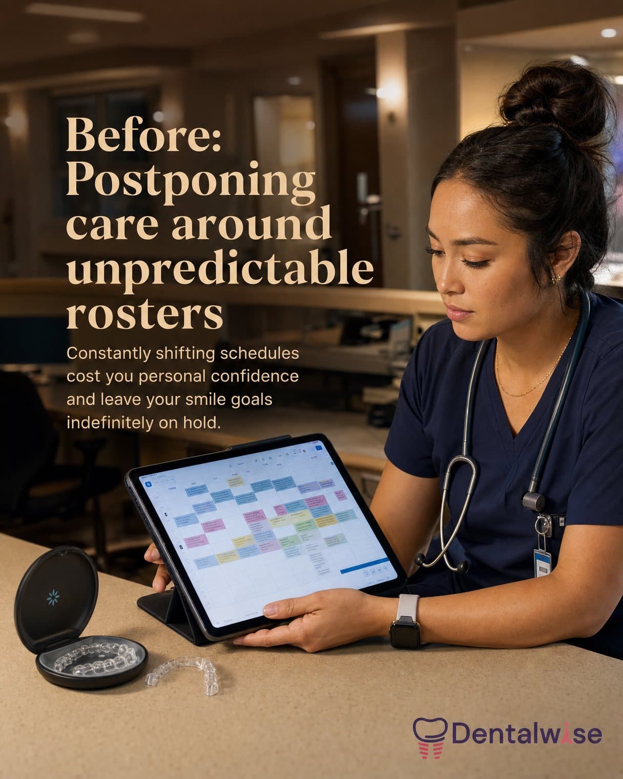 Before slide: "Before: Postponing care around unpredictable rosters Constantly shifting schedules cost you personal confidence and leave your smile goals indefinitely on hold." A nurse in scrubs studies a shift calendar on a tablet beside an aligner case.