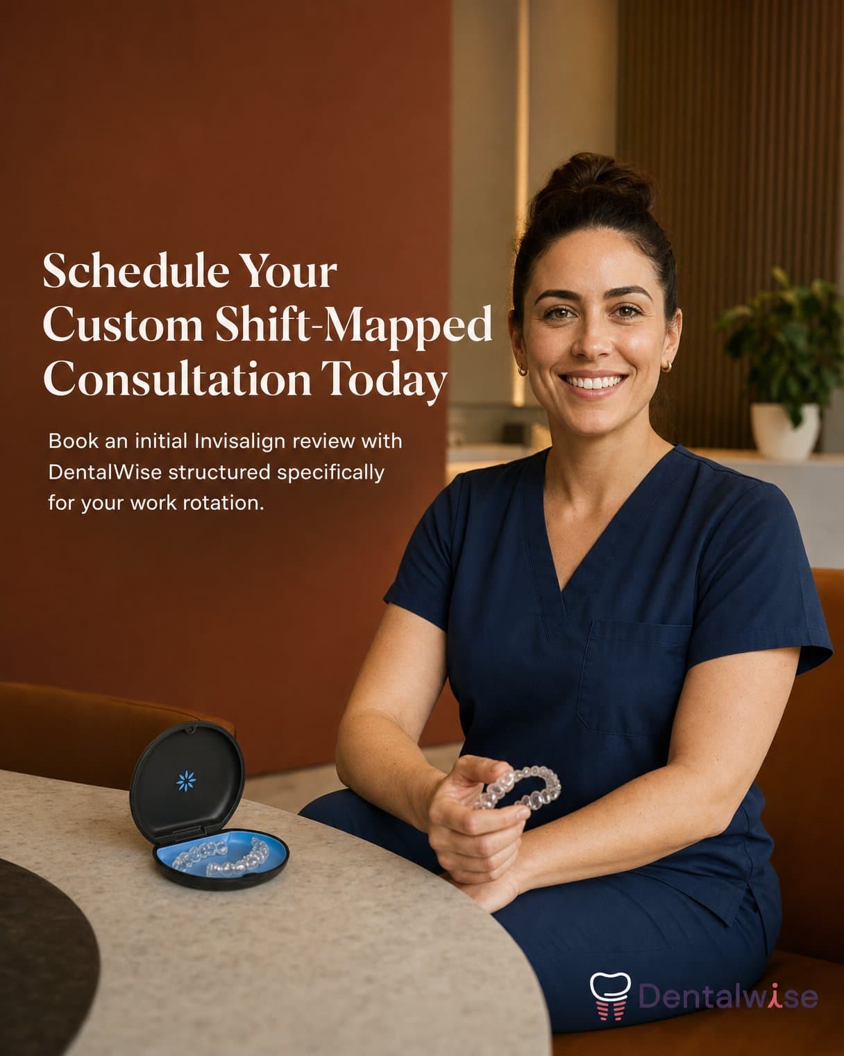 CTA slide: "Schedule Your Custom Shift-Mapped Consultation Today Book an initial Invisalign review with DentalWise structured specifically for your work rotation." A smiling nurse in navy scrubs holds a clear aligner beside an open case.