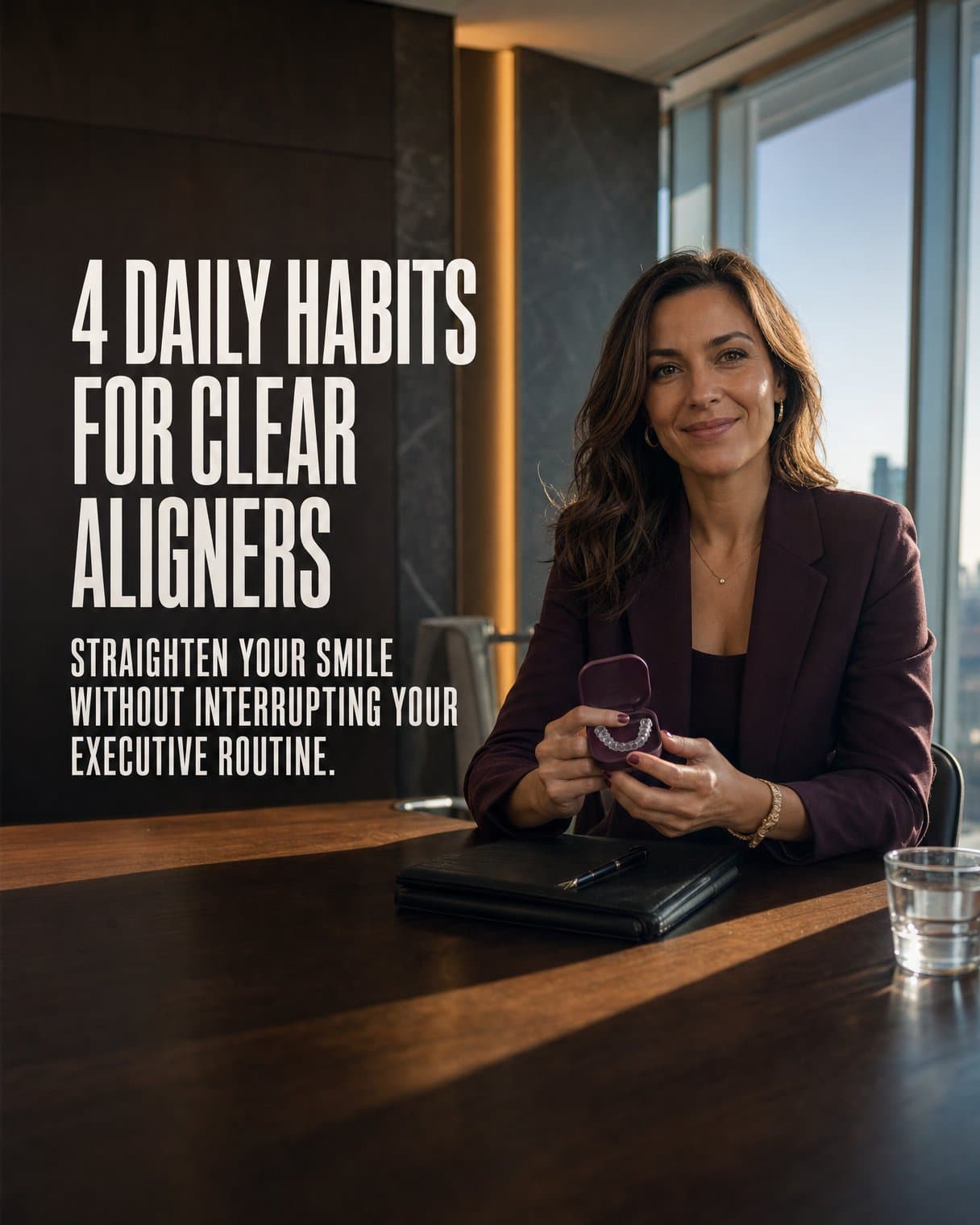 Hook slide: "4 daily habits for clear aligners Straighten your smile without interrupting your executive routine." A woman in a plum blazer holds an aligner case at a boardroom table.