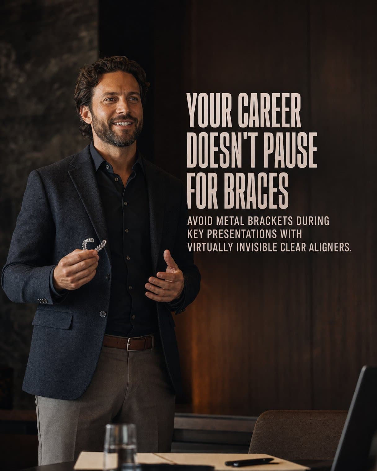 Context slide: "Your career doesn't pause for braces Avoid metal brackets during key presentations with virtually invisible clear aligners." A man in a blazer holds a clear aligner while speaking in a meeting room.
