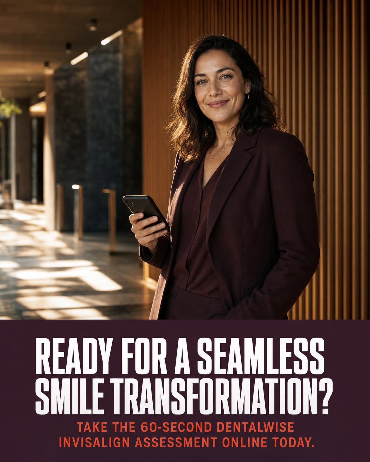 CTA slide: "Ready for a seamless smile transformation? Take the 60-second DentalWise Invisalign assessment online today." A woman in a burgundy suit holds a phone in a sunlit office lobby.