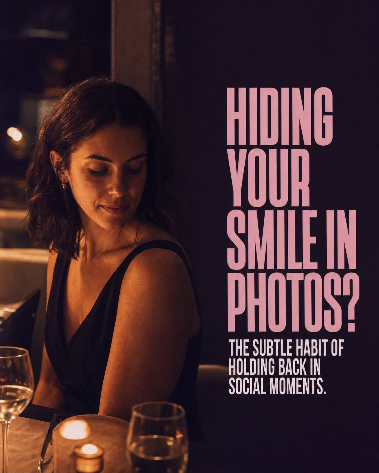 Hook slide: "Hiding your smile in photos? The subtle habit of holding back in social moments." A woman in a black dress looks down at a candlelit restaurant table.