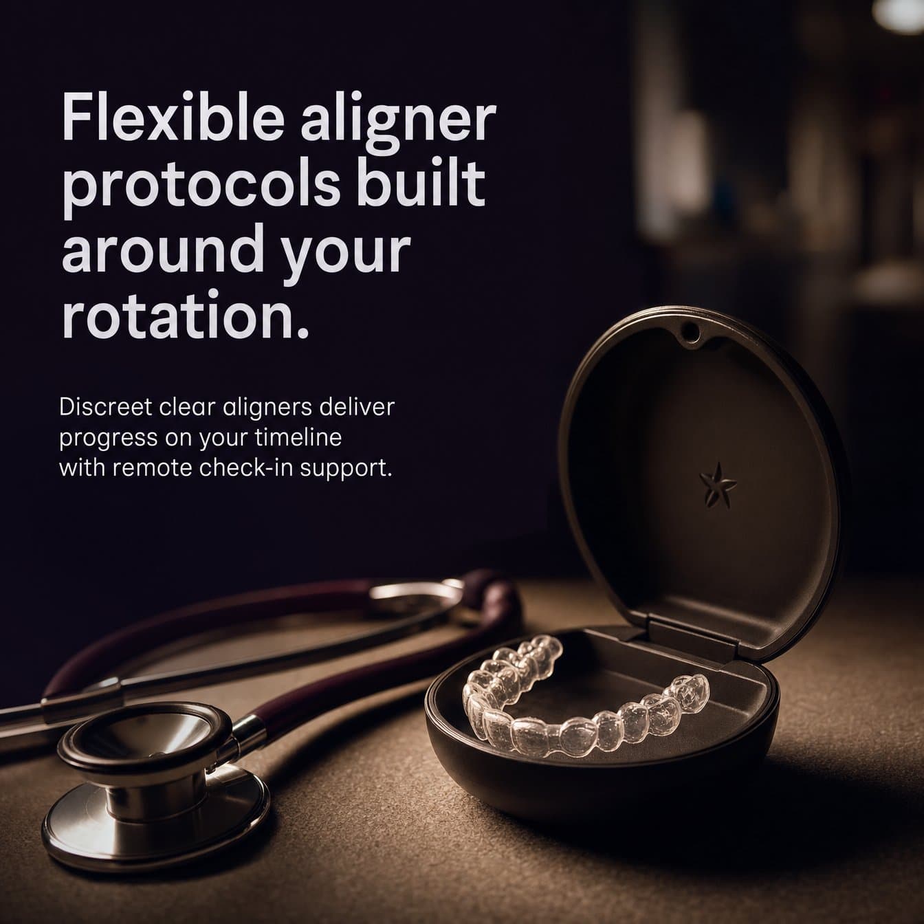 Solution slide: "Flexible aligner protocols built around your rotation. Discreet clear aligners deliver progress on your timeline with remote check-in support." Clear aligners in an open case beside a stethoscope on a dark surface.