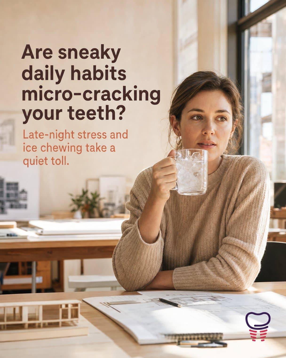 Hook slide: "Are sneaky daily habits micro-cracking your teeth? Late-night stress and ice chewing take a quiet toll." A woman in a beige sweater holds a glass mug of ice above architectural blueprints.