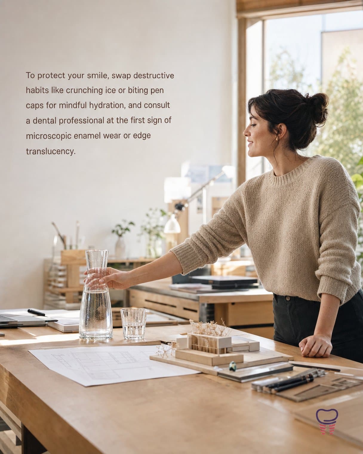 Journey slide: "To protect your smile, swap destructive habits like crunching ice or biting pen caps for mindful hydration, and consult a dental professional at the first sign of microscopic enamel wear or edge translucency." A woman in a sweater reaches for a water carafe beside an architectural model.
